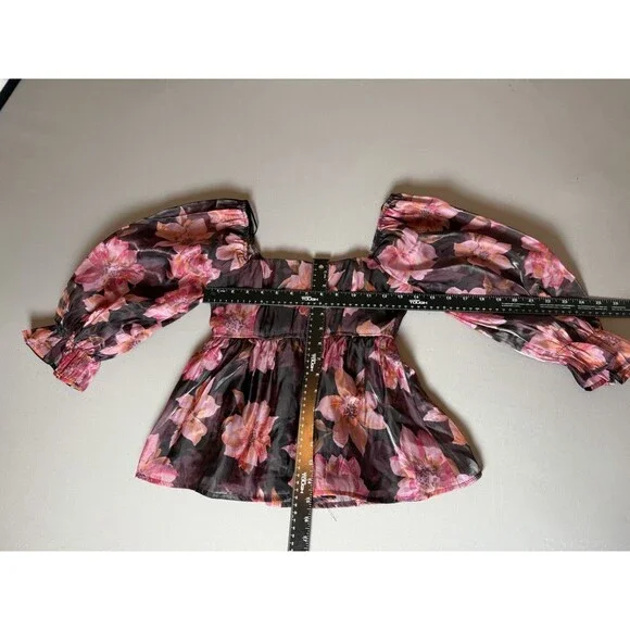 Nasty Gal Floral Smocked Peplum Blouse XS Sheer Long Sleeve Pink & Black - Picture 4 of 10